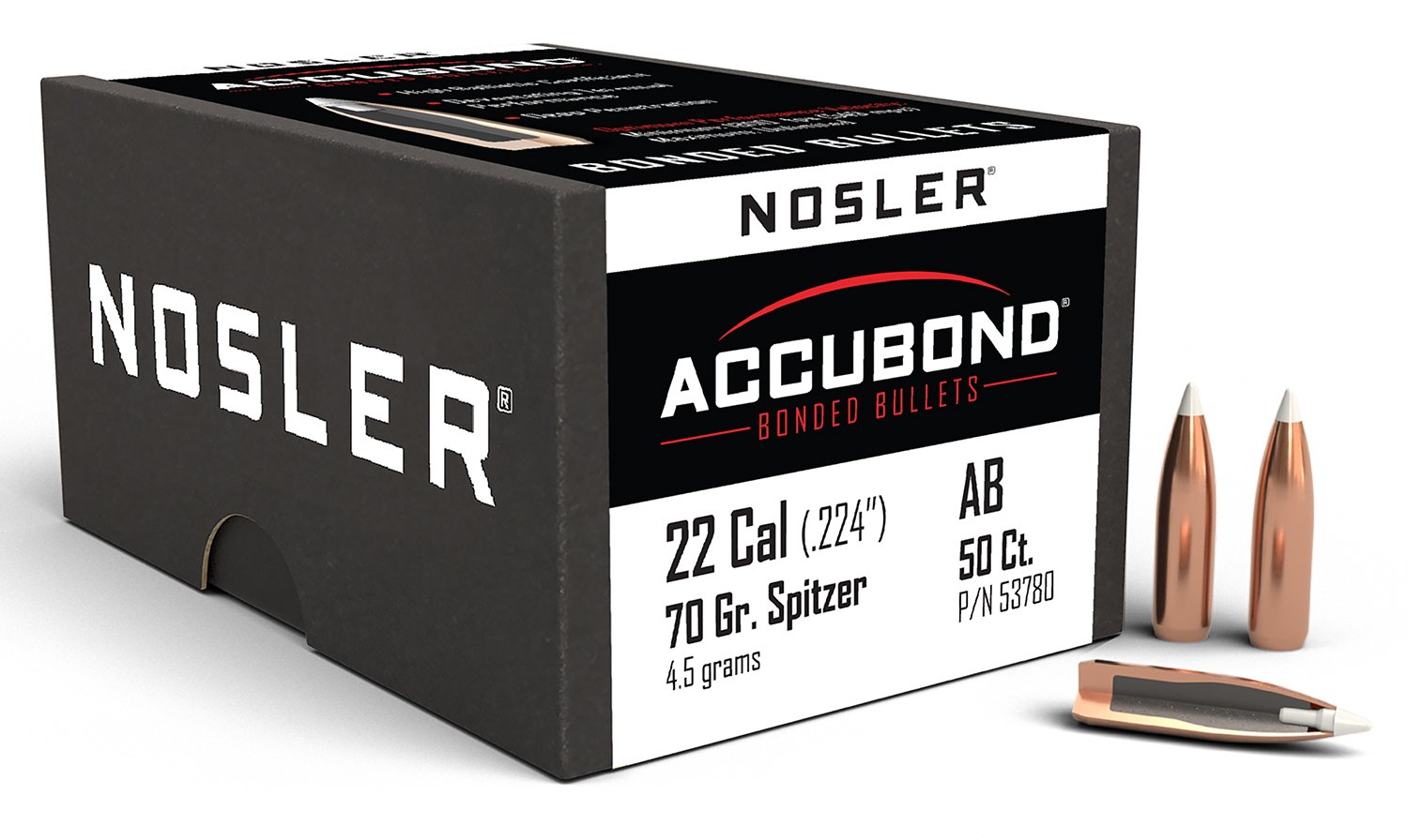 Nosler 53780 AccuBond Hunting 22 Cal .224 70 gr Spitzer Point 50 Per Box - Nosler - 22 Caliber