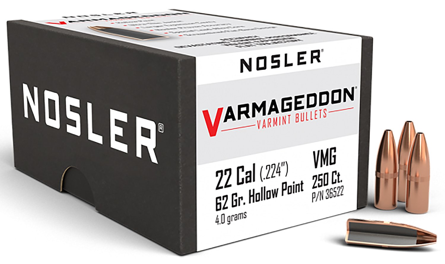 Nosler 36522 Varmageddon Varmint 22 Cal .224 62 gr FBHP 250 Per Box - Nosler - .224