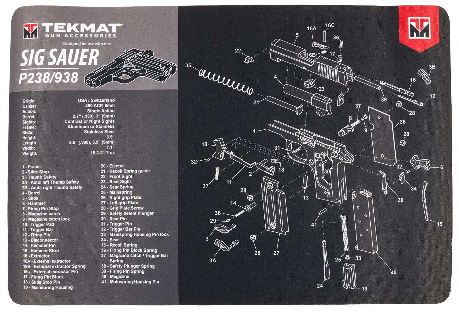 Buy TekMat TEKR17SIGP238 Cleaning Mat 11" x 17" Sig P238 Diagram online