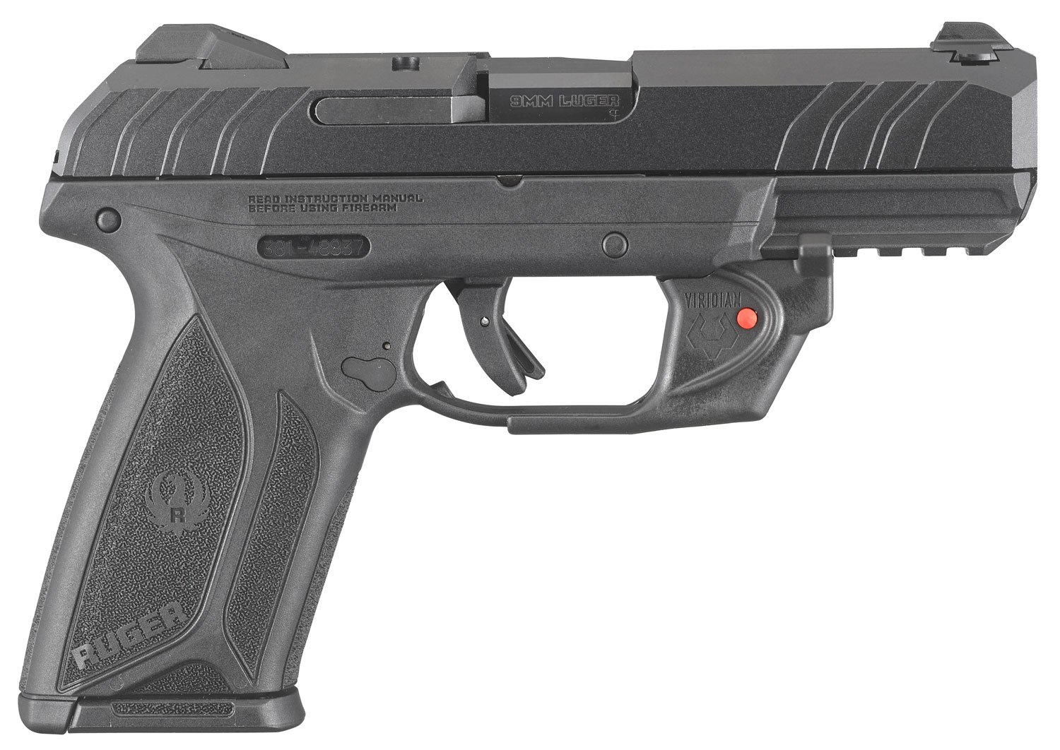 Ruger 3816 Security-9 Compact 9mm Luger Pistol, 4" Blued Barrel, High-Performance Glass-Filled Nylon Grip, Viridian E-Series Red Laser, 15+1 Capacity, Two Alloy Steel Magazines Included - Ruger - 9mm