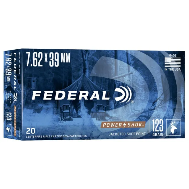 Federal 76239B Power-Shok 7.62x39mm 123 gr Jacketed Soft Point (JSP) Ammo - 20 Rounds per Box/ 10 Boxes per Case - Federal Premium Ammunition - 7.62x39