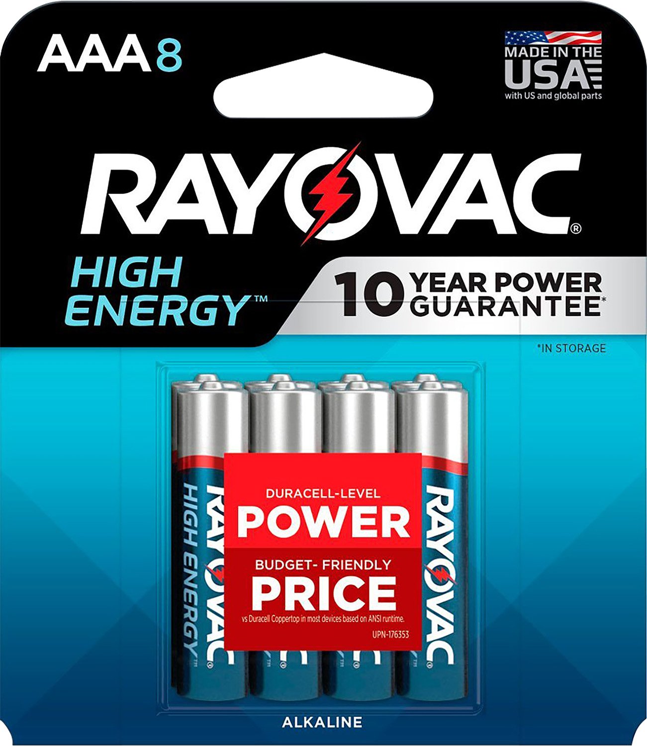Rayovac 8248T102 AAA HIGH ENREGY Alkaline Batteries Silver/Blue 1.5 Volts 1,123 mAh (8) Single Pack - RAY - 1,123