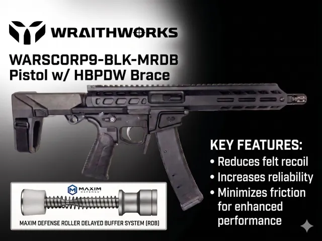 "Wraithworks WARSCORP9 Roller Delayed Side-Charging AR Pistol - Black 9mm 8.5"" Barrel 7"" M-LOK Rail SB Tactical HBPDW Brace Accepts Scorpion Mags" WARSCORP9-BLK-MRDB