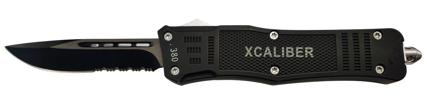Xcaliber 380 ACP Large OTF Knife 3.80in Part Serrated Black 440C - XCALIBER - 728881687461