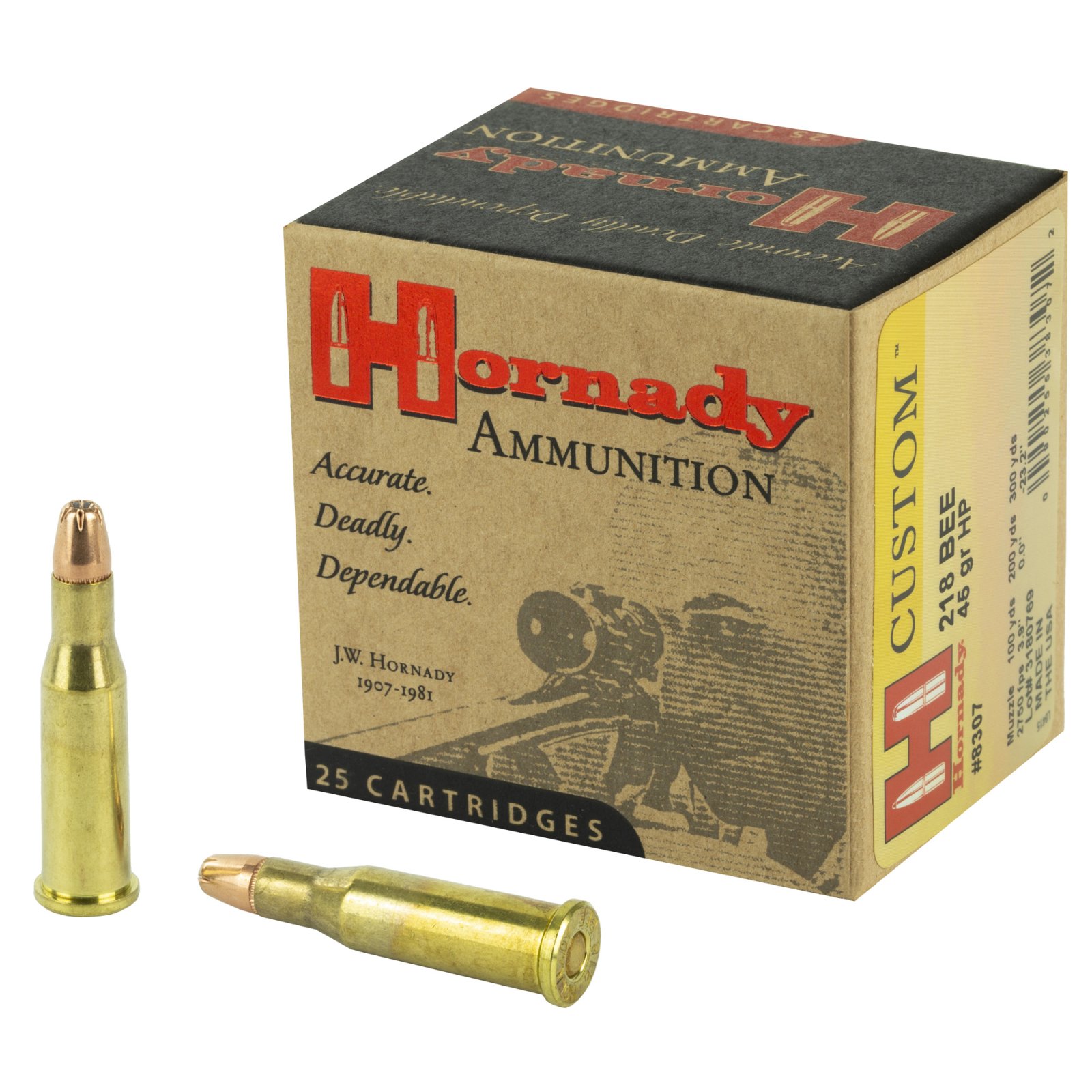 Hornady 8307 218 Bee 45 Grain Hollow Point 25 Rounds per Box - Hornady Manufacturing Company - 218 Bee