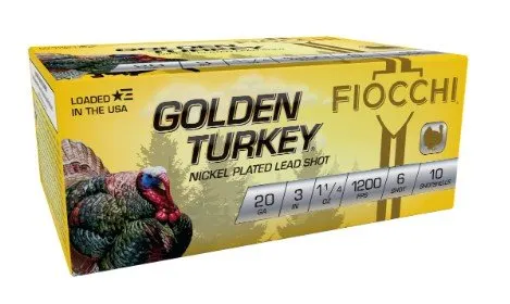 Fiocchi Golden Turkey Nickel plated Shotshells 20ga 3 1-1/4oz 1200 fps #6 10/ct
