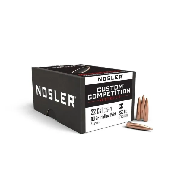 Nosler Custom Competition Bullets, .22 Caliber .224, 80 GR Hollow Point Boat Tail, 250 Count, USA Origin - Nosler - 22 CALIBER