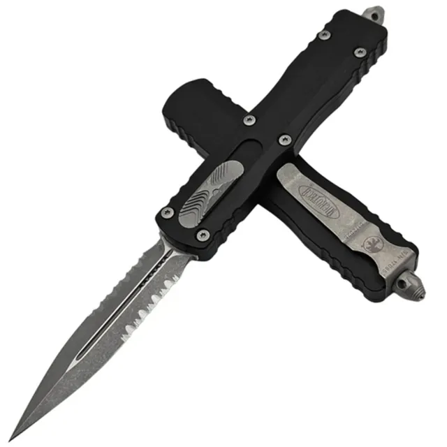 Microtech Dirac Delta 227-11AP 3.79 In D/E Apocalyptic BLK Part Serrate - MICROTECH