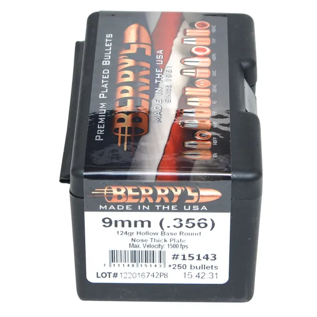 Berry's 15143 9mm 124gr Hollow Base Round Nose Bullets 250ct - Berry's Mfg - .356