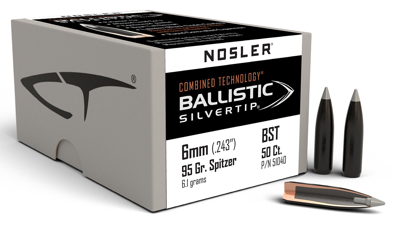 Nosler 51040 Ballistic Silvertip 6mm .243 95 gr Spitzer Point 50 Box - Nosler - 6mm