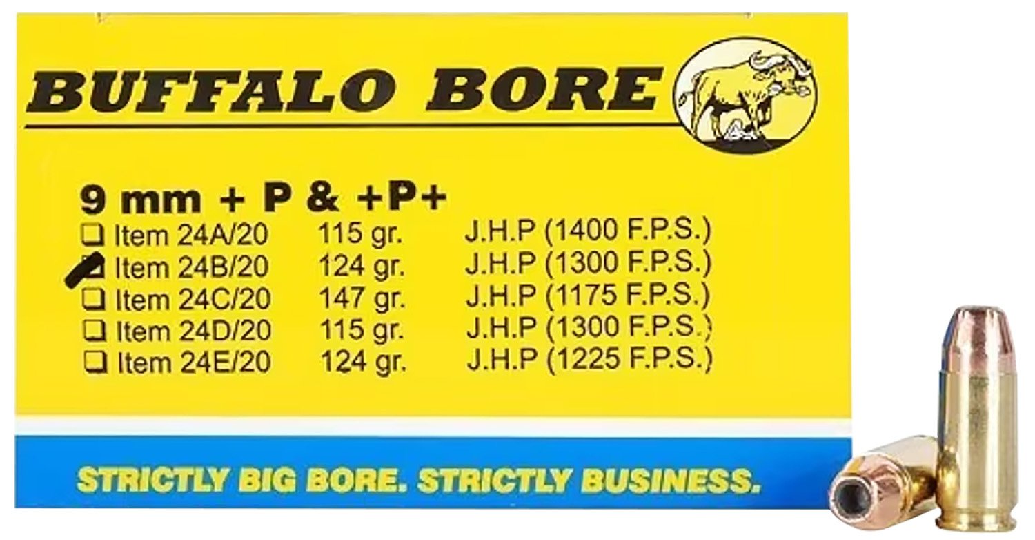 Buy Buffalo Bore 24B20 9mm Luger +P+ 124gr JHP Ammo 20 Rounds online