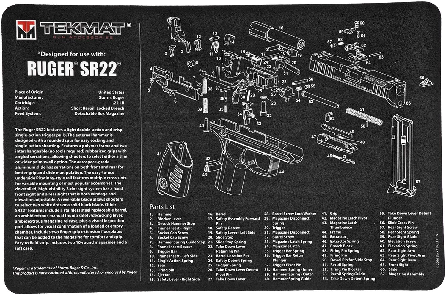 Buy TekMat TEKR17RUGERSR22 Ruger SR22 Cleaning Mat 11"x17" online