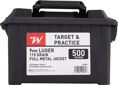 Winchester 9MM LUGER 115GR FMJ RN CASE OF (2) 500RD AMMO CANS