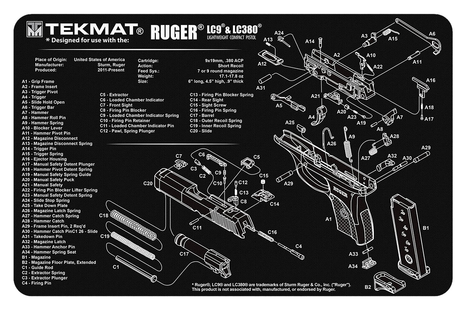 Buy TekMat TEKR17RUGERLC9 Ruger LC9 Cleaning Mat 11"x17" Diagram online