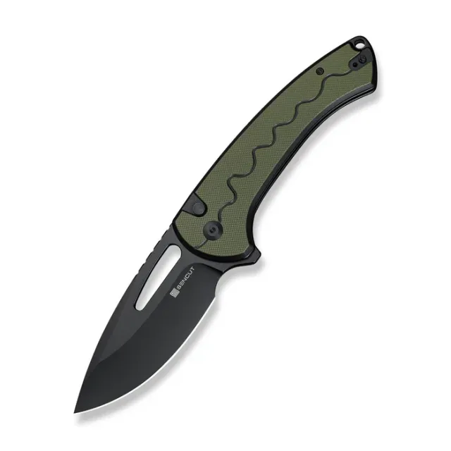 SENCUT Squiggy Flipper & Thumb Hole & Button Lock Knife Black / Green G10 Handle - SENCUT