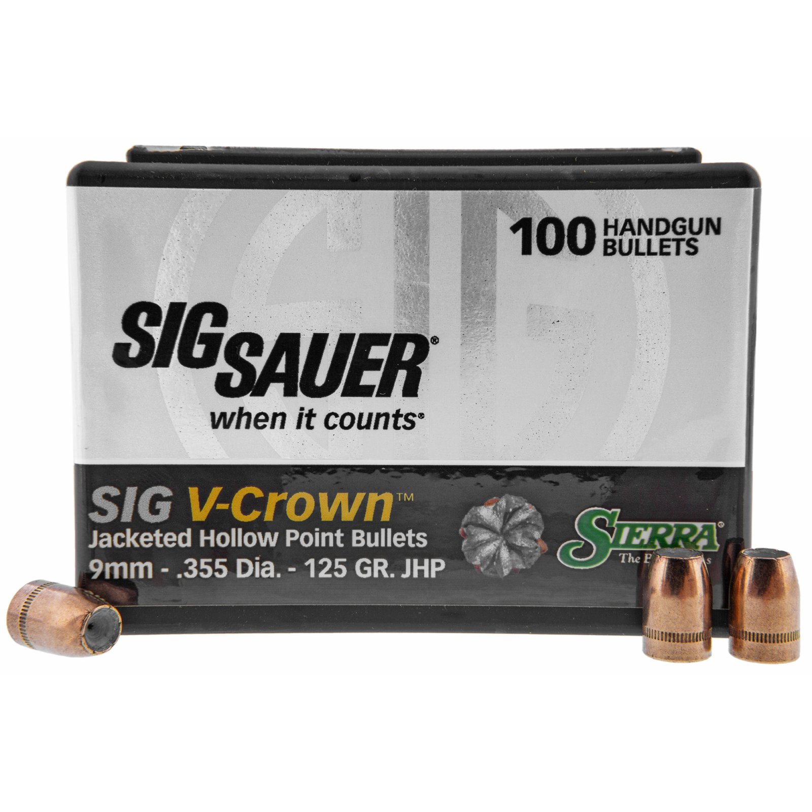 Sierra V-Crown 9mm Luger JHP 125gr Pistol Bullets - 100 Count - SIERB - 9MM