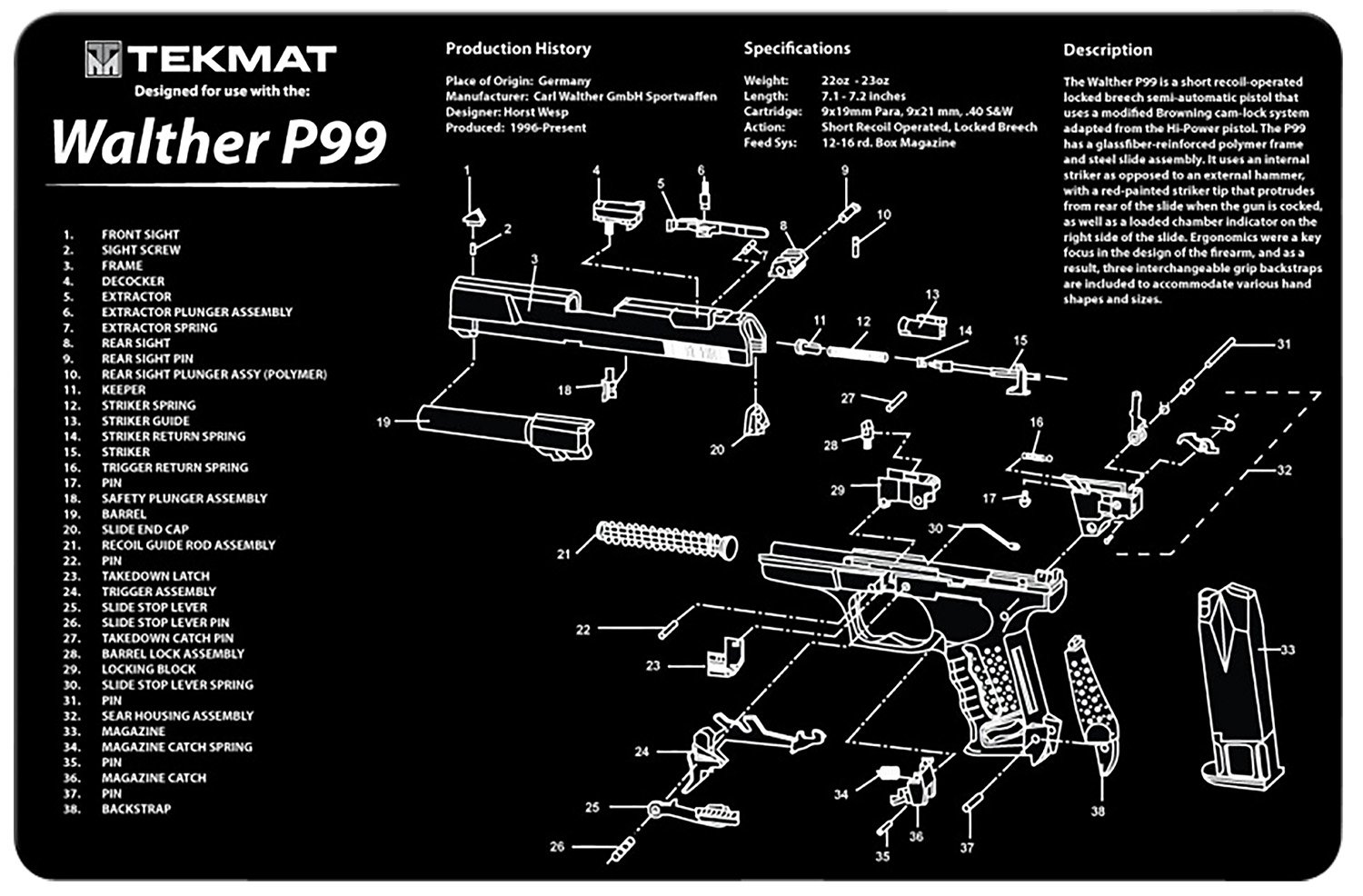 Buy TekMat TEKR17WALP99 Walther P99 Cleaning Mat 17" Rubber Black/White online