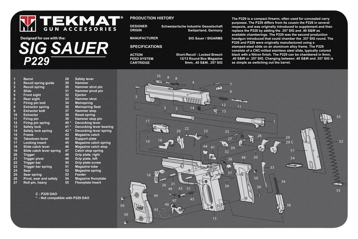 Buy TekMat TEKR17SIGP229 Sig Sauer P229 Cleaning Mat Black/White Rubber 11"x17" Sig P229 Parts Diagram online