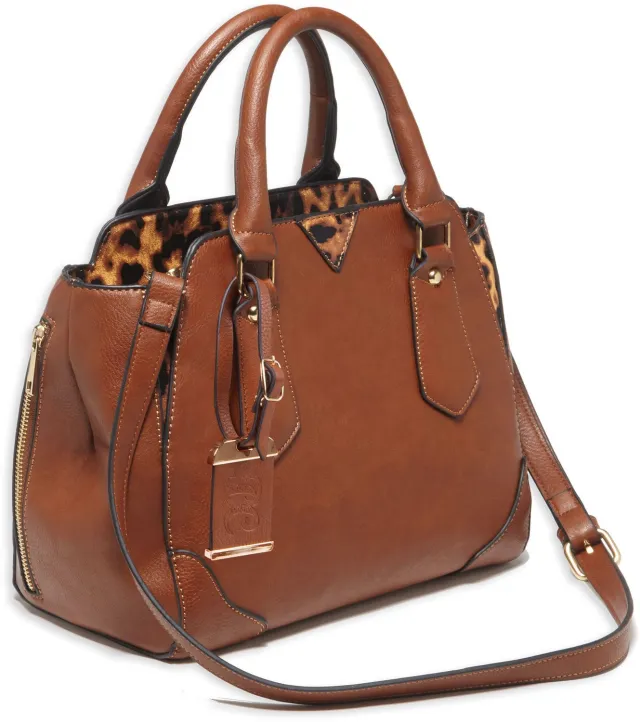 Bulldog BDP024 Concealed Carry Satchel Chestnut Leather/Leopard Trim - Bulldog