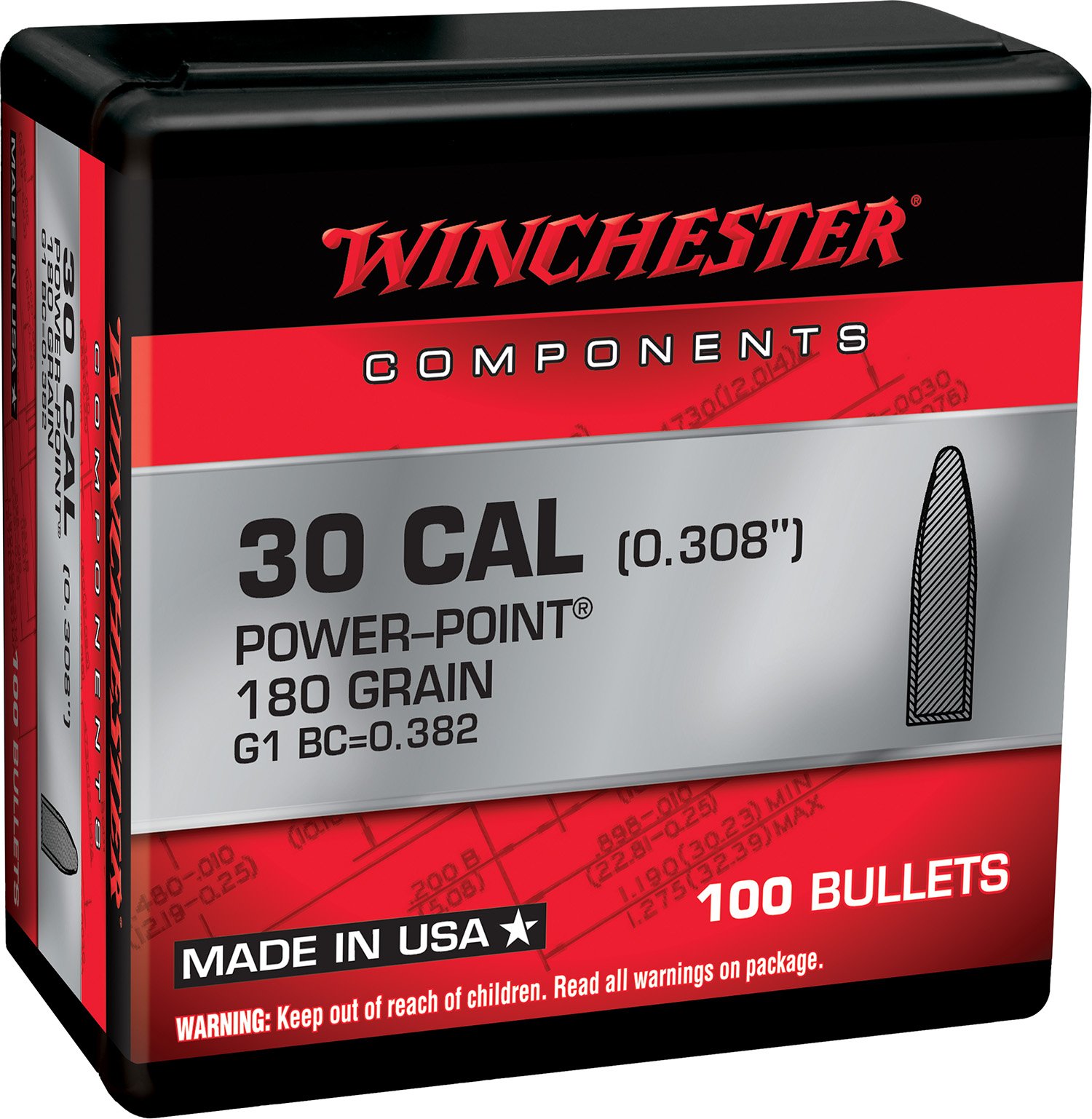 Winchester .308 180 gr Power-Point Bullets - Reloading Ammo - Winchester - .308