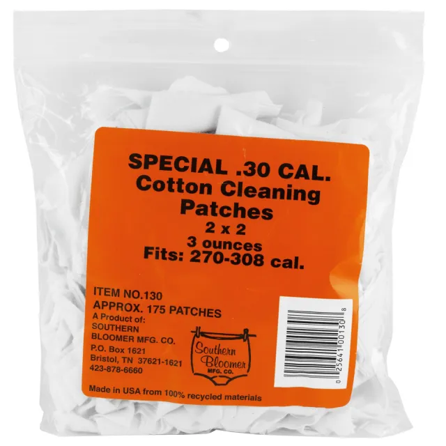 Southern Bloomer .30 Caliber Cotton Cleaning Patch, 2" x 2", Pack of 130 - Southern Bloomer - 30 CAL