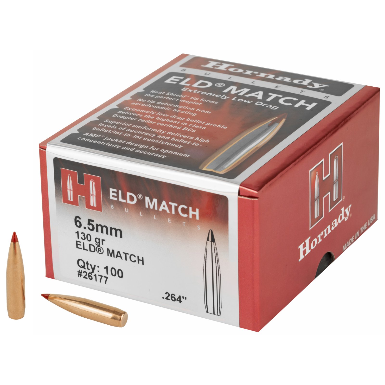 Hornady 26177 ELD Match 6.5mm .264 130 gr Low Drag-Match (ELD-M) - Hornady Manufacturing Company - 264 Caliber