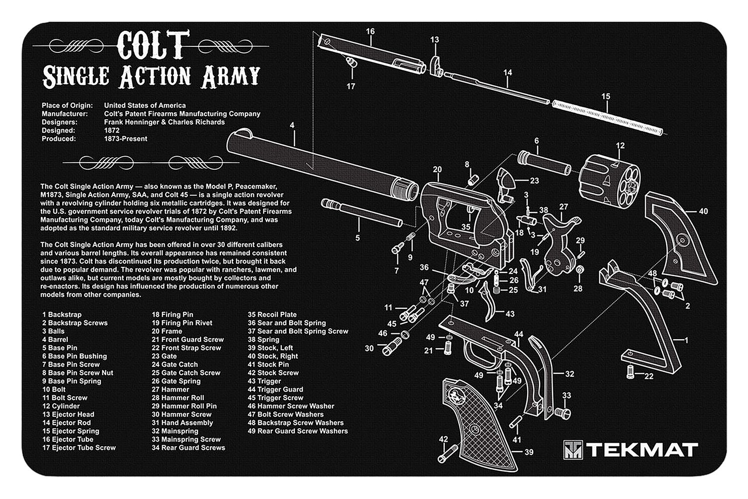 Buy TekMat TEKR17SAA Cleaning Mat Black/White Rubber 11"x17" Colt Revolver Army Parts Diagram online