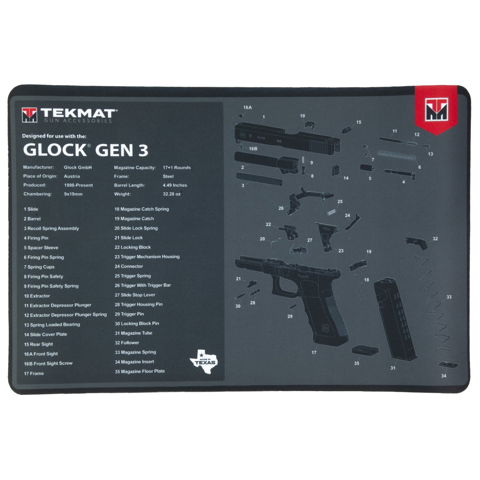 Buy TekMat TEKR17GLOCKG3 Glock Gen 3 Black/White Rubber 11"x17" Glock Gen3 Parts Diagram online