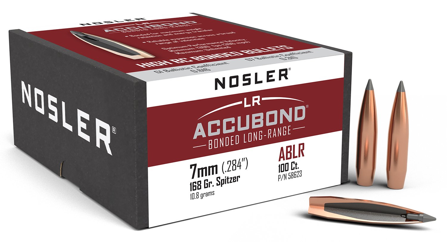 Nosler 58623 AccuBond Long Range 7mm .284 168 gr Spitzer Point 100 Per Box - Nosler - 284 Caliber