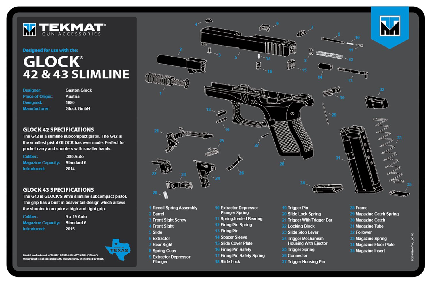 Buy TekMat TEKR17GLOCK4243BL Glock 42/43 Cleaning Mat Black/Blue/White Rubber 11"x17" Glock 42/43 Parts Diagram online