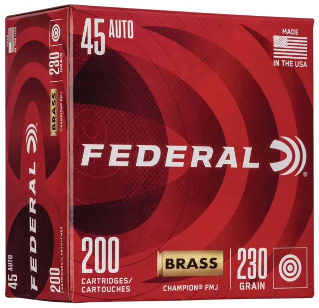 Federal Champion Training .45 Auto, 230gr Full Metal Jacket, Brass Case, 200 Rounds, Reliable Performance - Federal Premium Ammunition - 45 ACP