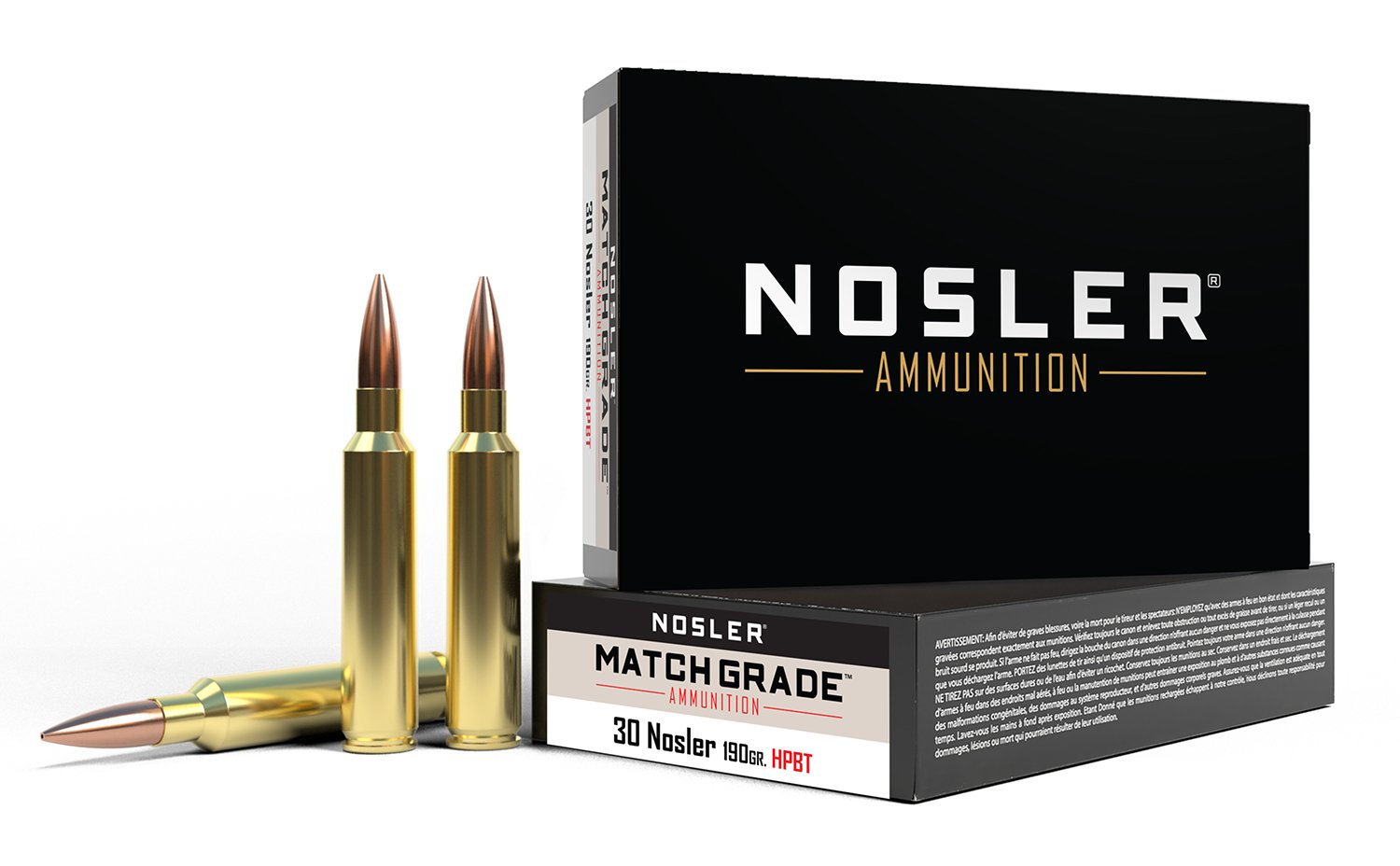 Nosler Match Grade .30 Nosler 190 Grain BTHP Ammunition - 20 Rounds, Brass Cased, 3050fps Velocity - Nosler - 30 Nosler