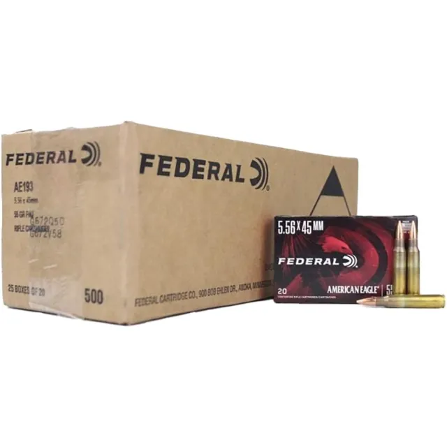 Buy Federal American Eagle Rifle Ammunition 5.56mm 55gr FMJ 3165 fps 500/ct Case (25-20/ct Boxes) online
