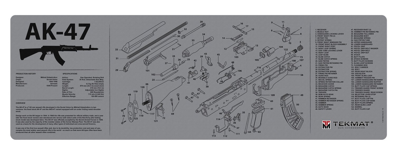 TekMat 36AK47GY AK-47 Cleaning Mat 12in x 36in Grey 1/8in Thick - TEKMAT