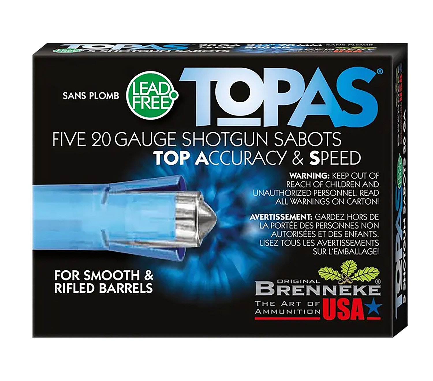 Brenneke SL202TOPN TOPAS 20Ga 2.75" 1/2oz Sabot Slug 1903fps 5/Box - Brenneke - 20 Gauge