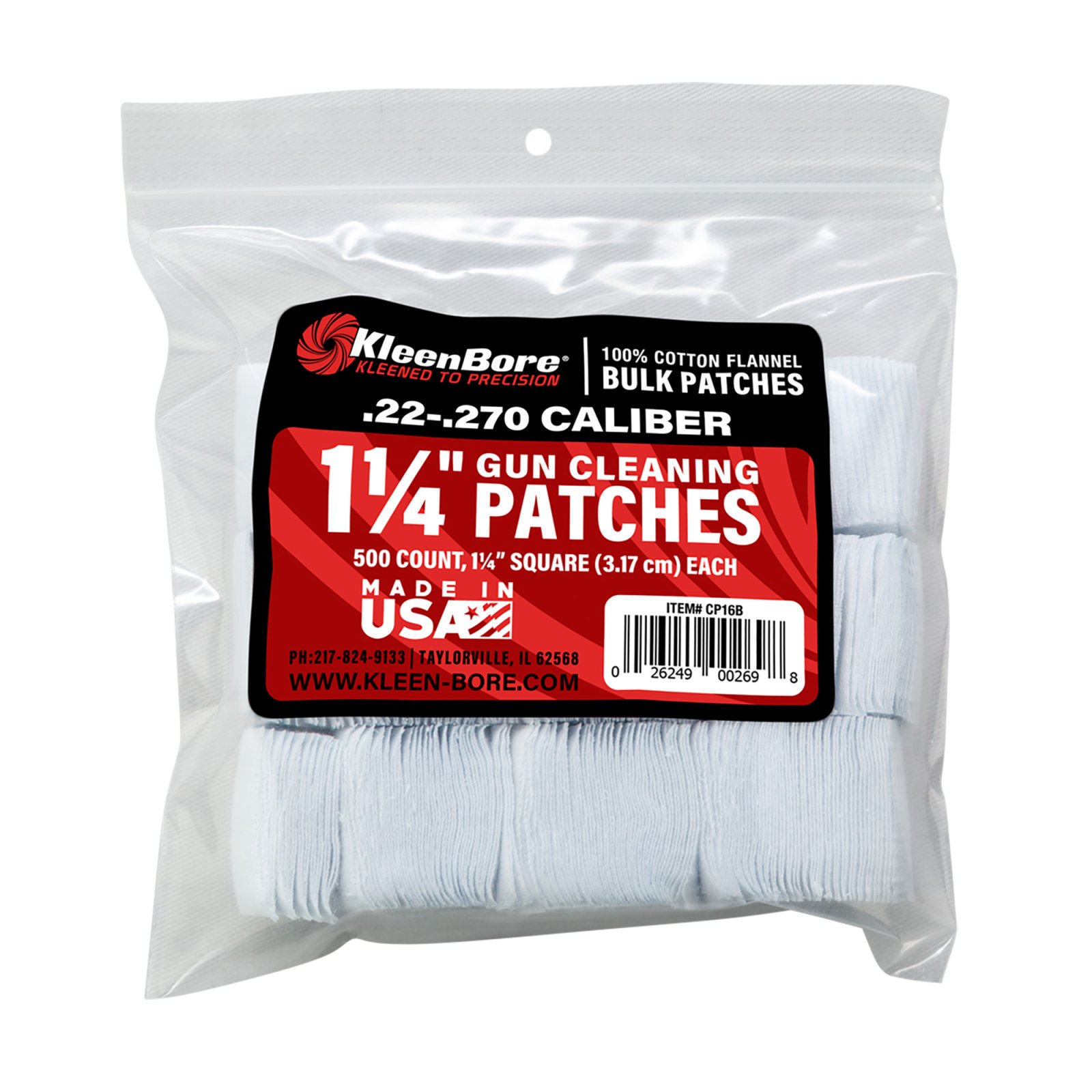 KleenBore SuperShooter Patch .22-.270 1.25" Square Cotton 500 Pack - Kleen Bore - .22-.270