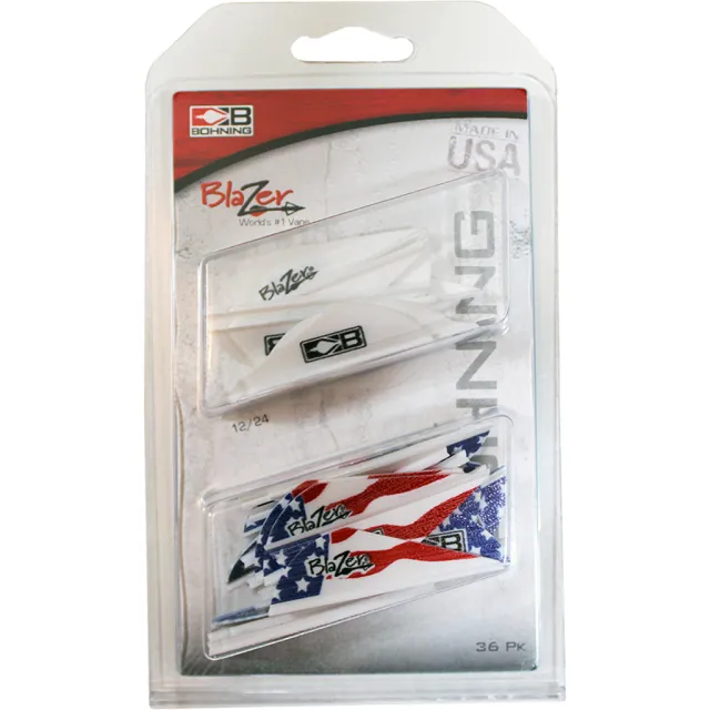 Bohning Blazer Vane Combo White/American Flag 36 pk. Universal vane for any broadhead, crossbows, and 3D archery. 2" length, .6" height, 6 grains. Model: 101050WH/AF. - Bohning