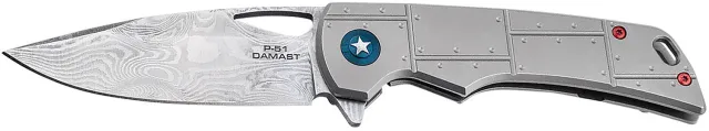 Boker 01BO910DAM P-51 Damast 3.35" Drop Point Plain Silver Acid Etch Da... - Boker for sale at Keys Gun Shop