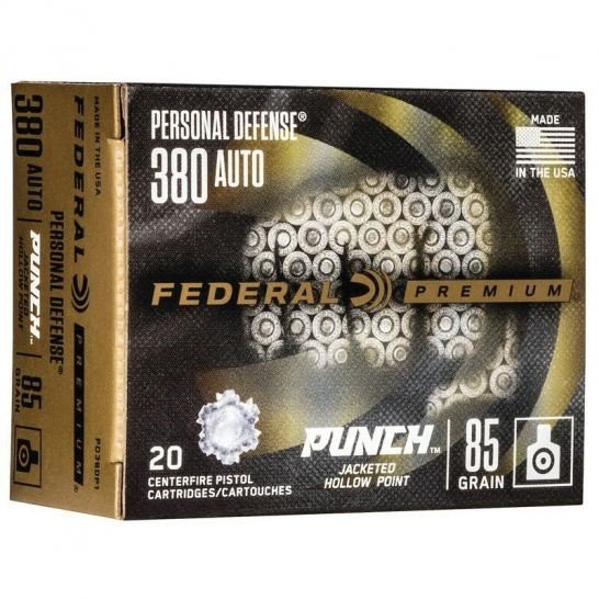 Federal PD380P1 Punch .380 Auto 85gr JHP Ammo, Nickel-Plated Brass, 20-Pack - Federal Premium Ammunition - 380 Auto