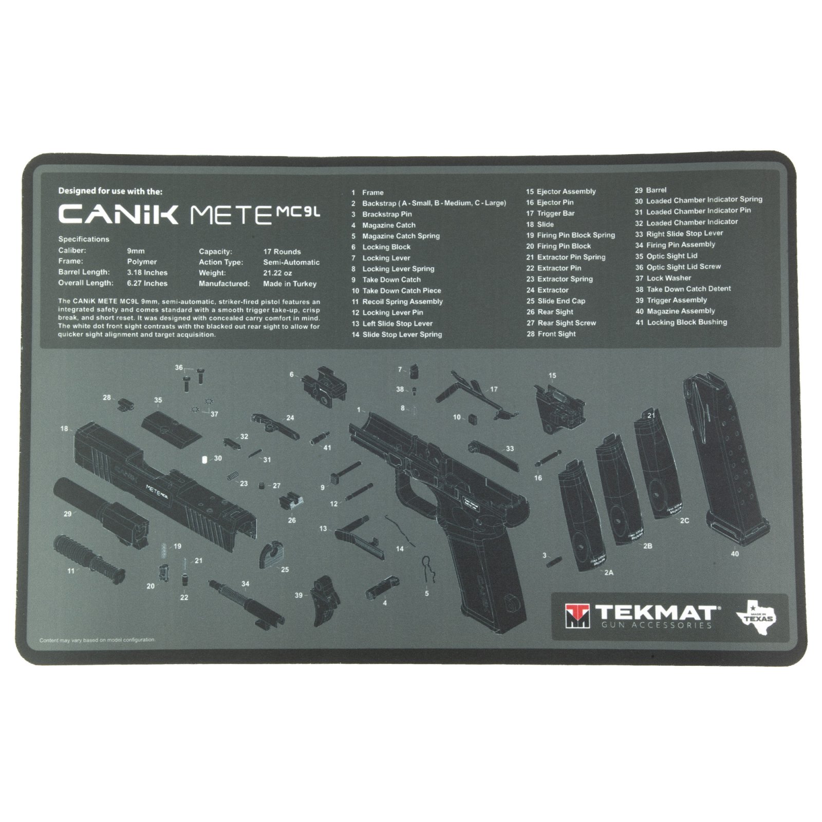 TekMat Tek-R17 Canik MC9L Cleaning Mat 17x11 In Exploded Diagram