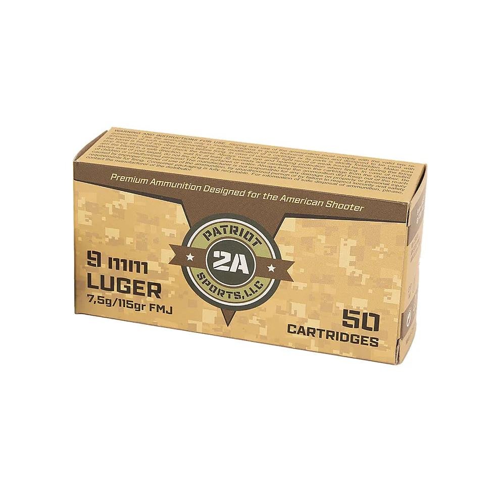 Patriot Sports Brass Case Handgun Ammunition 9mm Luger 115gr FMJ 1230 fps 1000/ct (20-50/ct Boxes) - Patriot Sports LLC - 9mm Luger
