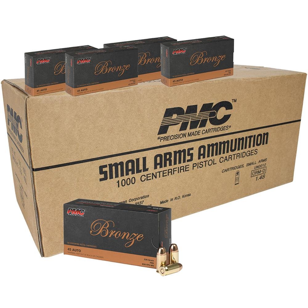 Buy PMC 45A .45 ACP Ammo 230 Grain FMJ 1000rd Case 830 FPS online