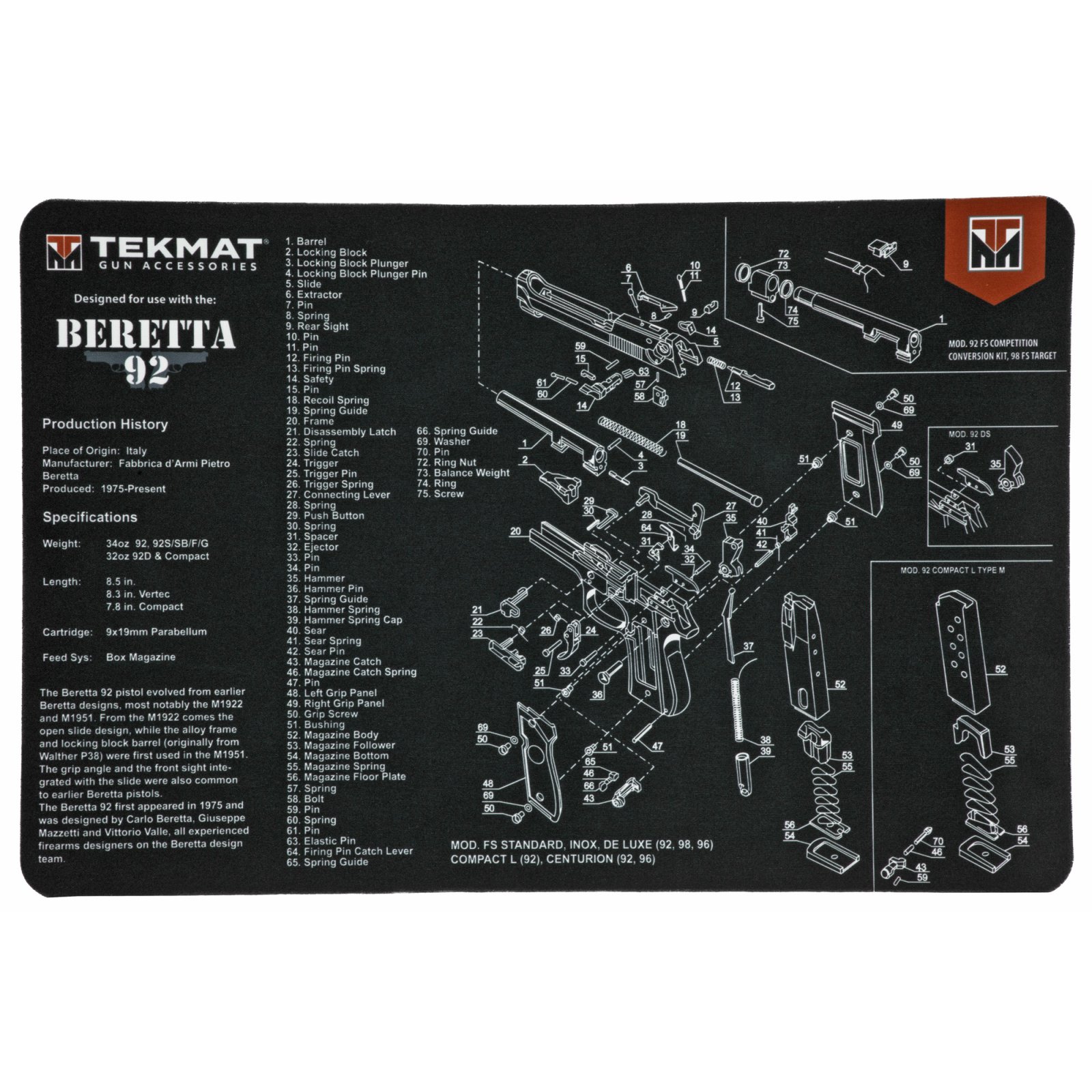 Buy TekMat TEK-R17-BER92 Beretta 92 Pistol Mat 17x11" Black online