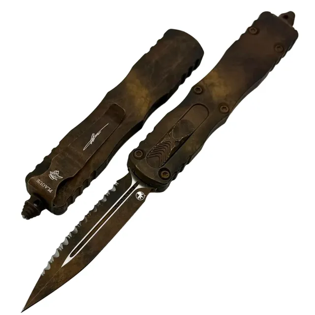 Microtech Dirac 2.92 In D/E Full Serrate Bronze ALU Handle Outbreak - MICROTECH