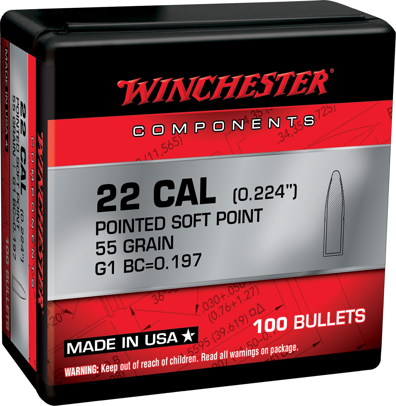 Winchester WB223SP55X 22 Caliber 55 Grain Pointed Soft Point Bullets - Winchester - .224