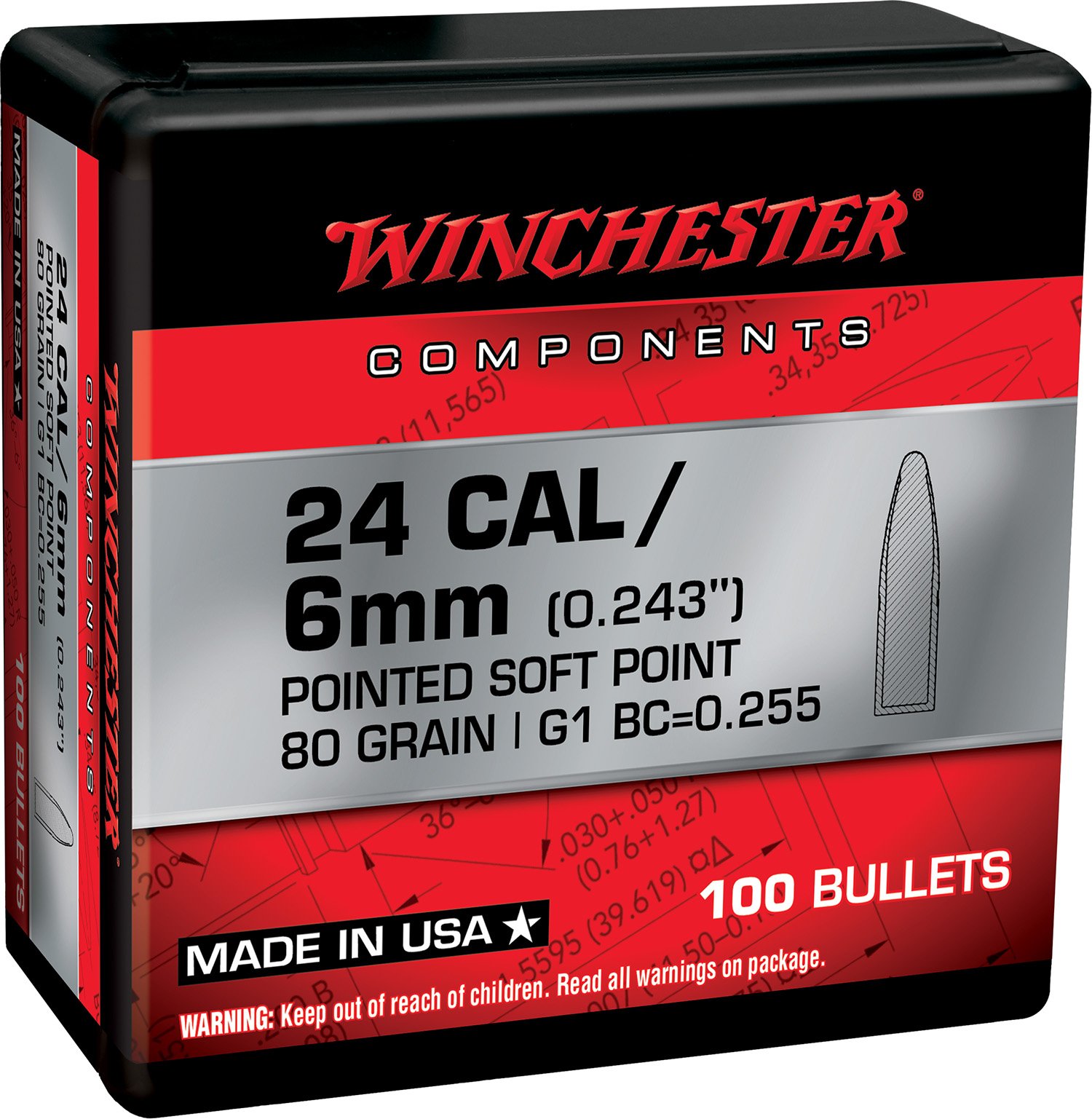 Winchester Wb243Sp80X .243 Win 80 Grain Pointed Soft Point 100 Count - Winchester - .243