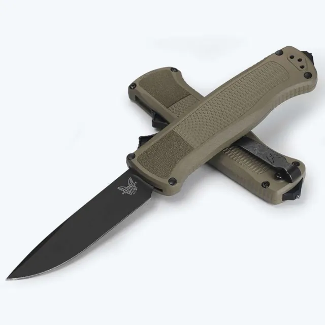 Benchmade Shootout Aut OTF 3.5" Drop Point Black Blade; Ranger Green Grivory w/ Carbine Glass Breaker Handle