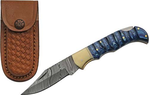 SZCO Rite Edge DM1303BL 3" Blue Wood Damascus Lockback Knife w/Sheath - SZCO Supplies