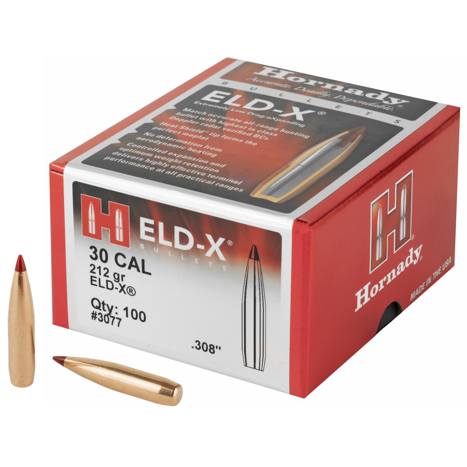 Hornady 3077 ELD-X .308 212gr Heat Shield Tip 100/Box - Hornady Manufacturing Company - 30 Caliber