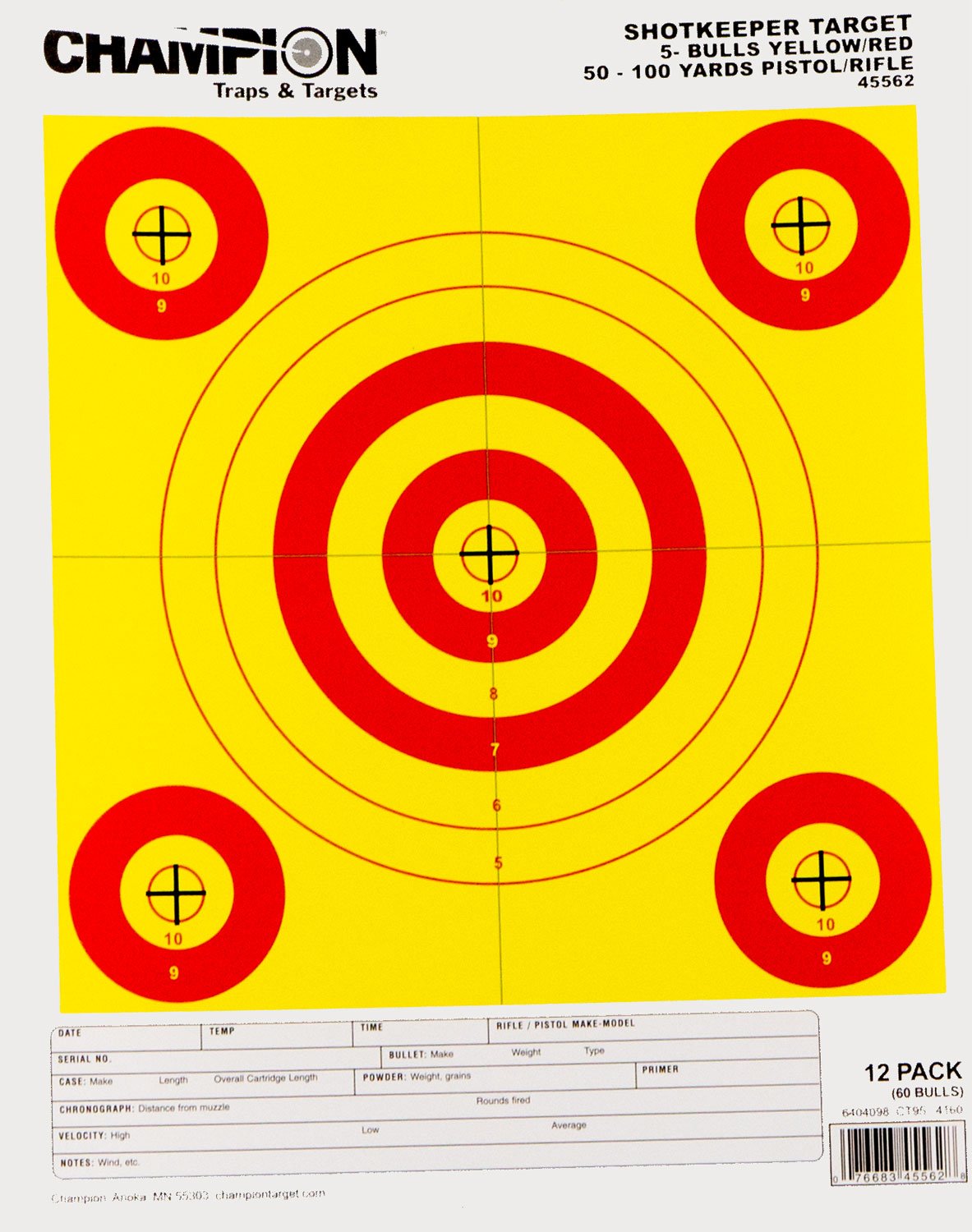 Buy Champion Shotkeeper 45562 5-Bullseye 50-100 yds Pistol/Rifle Yellow/Red 12 PK online